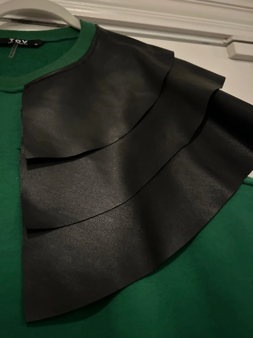 TOV Green Sweatshirt with Layered Black Faux-Leather Capelet - Picture 4 of 4